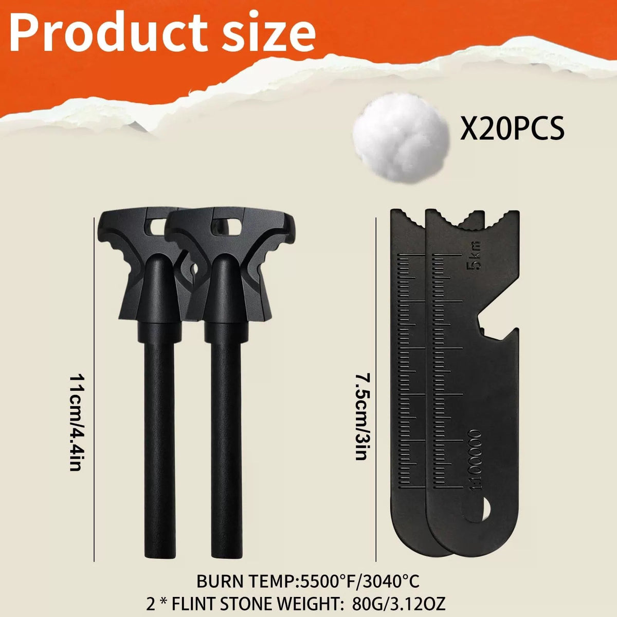 HOPKASE 2PCS Magnesium Fire Starter with Striker, High Temp 2 Pack Black [3]