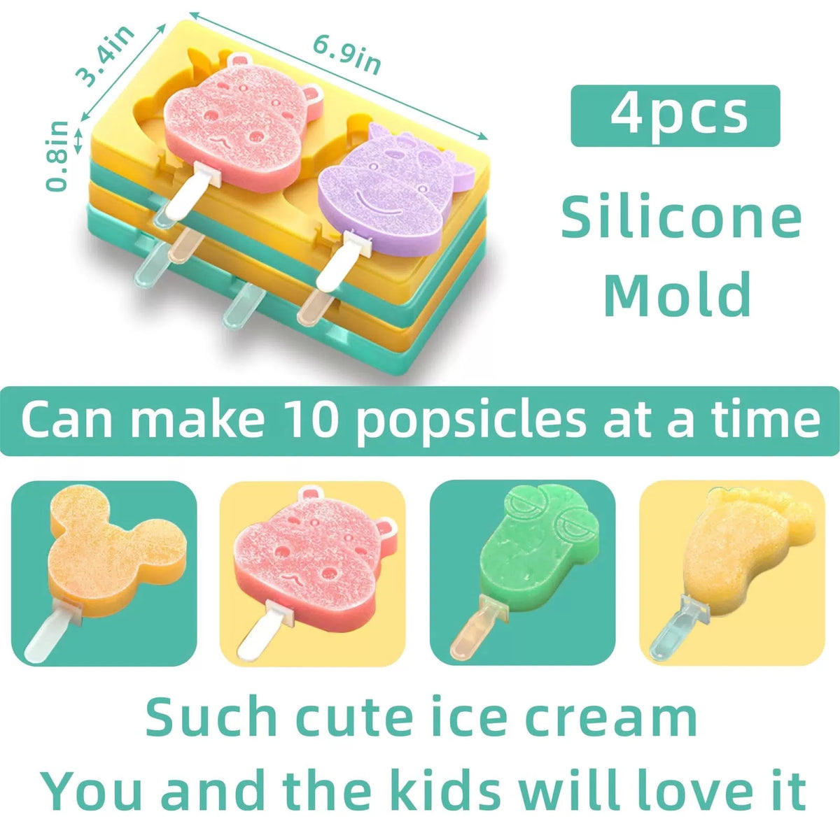Kids Cartoon Popsicle Molds - 4 standard, Mouse + Dairy cow + Frog + Feet [5]