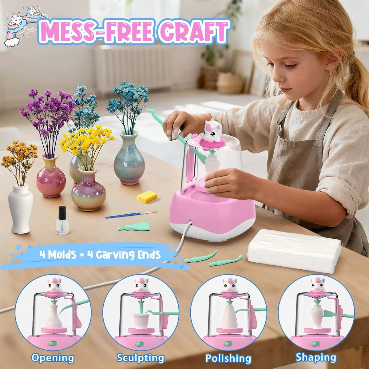 Mini Pottery Wheel for Kids - Painting Craft Kit with Mini, Pink [3]