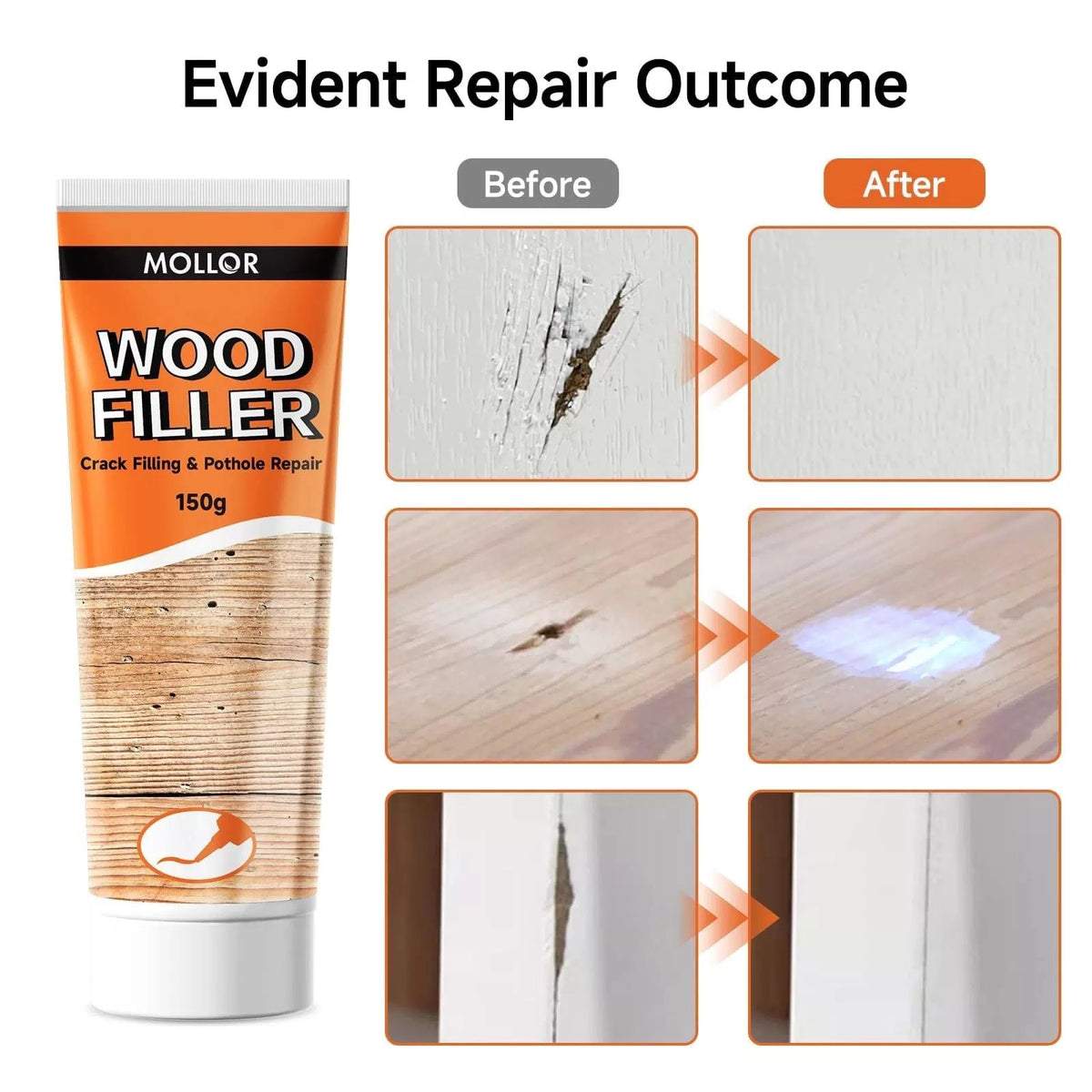 Mollor All Purpose Wood Filler, White Putty Repair for 150g, [5]