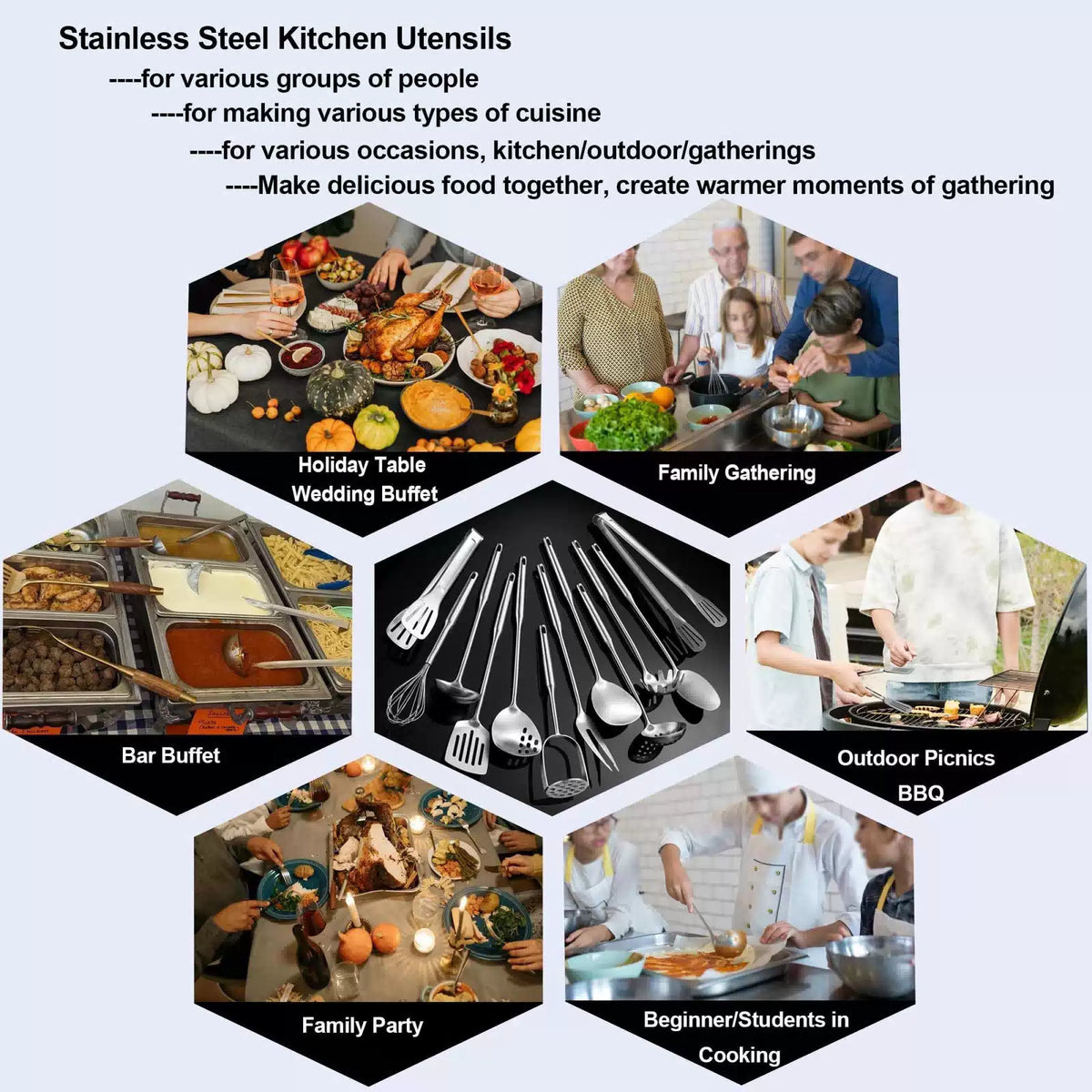 NIITAWH Stainless Steel Kitchen Utensils 12 Pcs, 11"-13.7"(12pcs), Brushed [4]