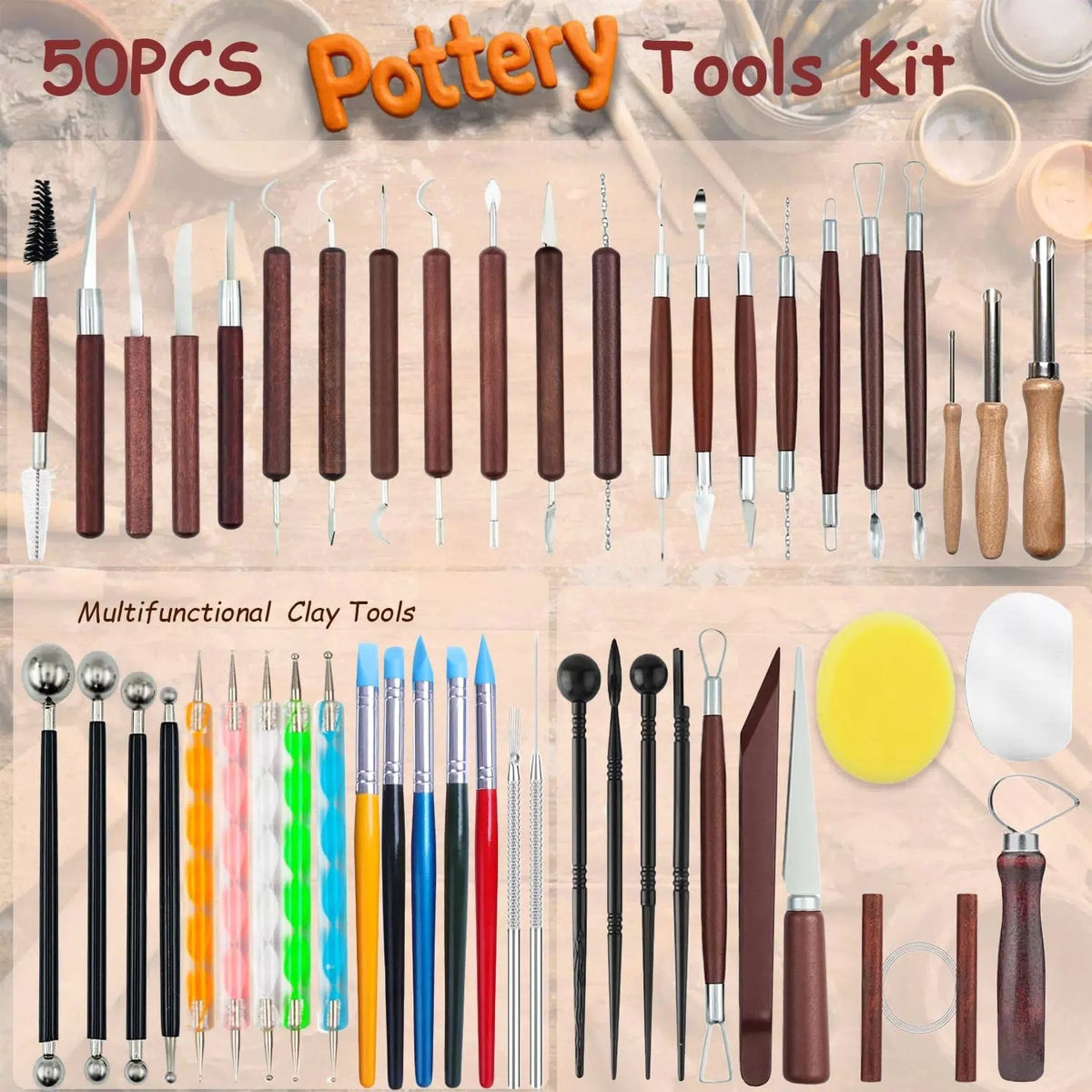 OMTRS 50Pcs Clay Sculpting Tools Kit, Pottery redwood or naturalwood [3]