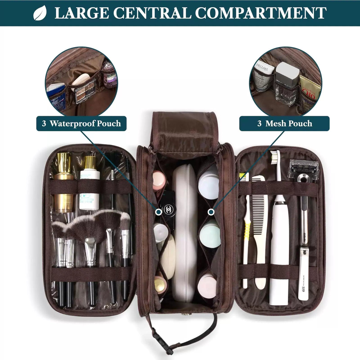 PAVILIA Toiletry Bag for Men, Hanging Travel Large (10.5x5.5x6), Dark Brown [6]