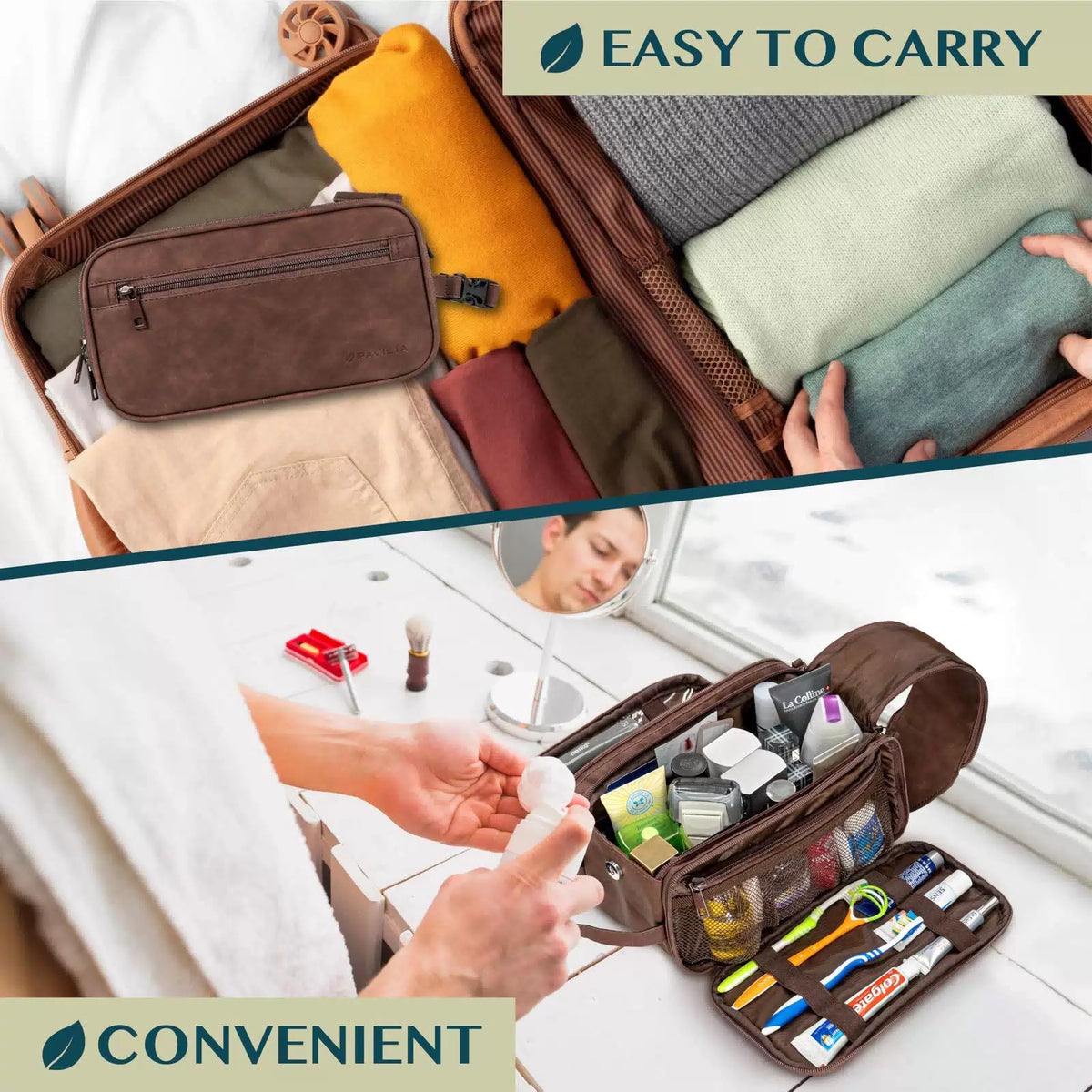 PAVILIA Toiletry Bag for Men, Hanging Travel Large (10.5x5.5x6), Dark Brown [7]