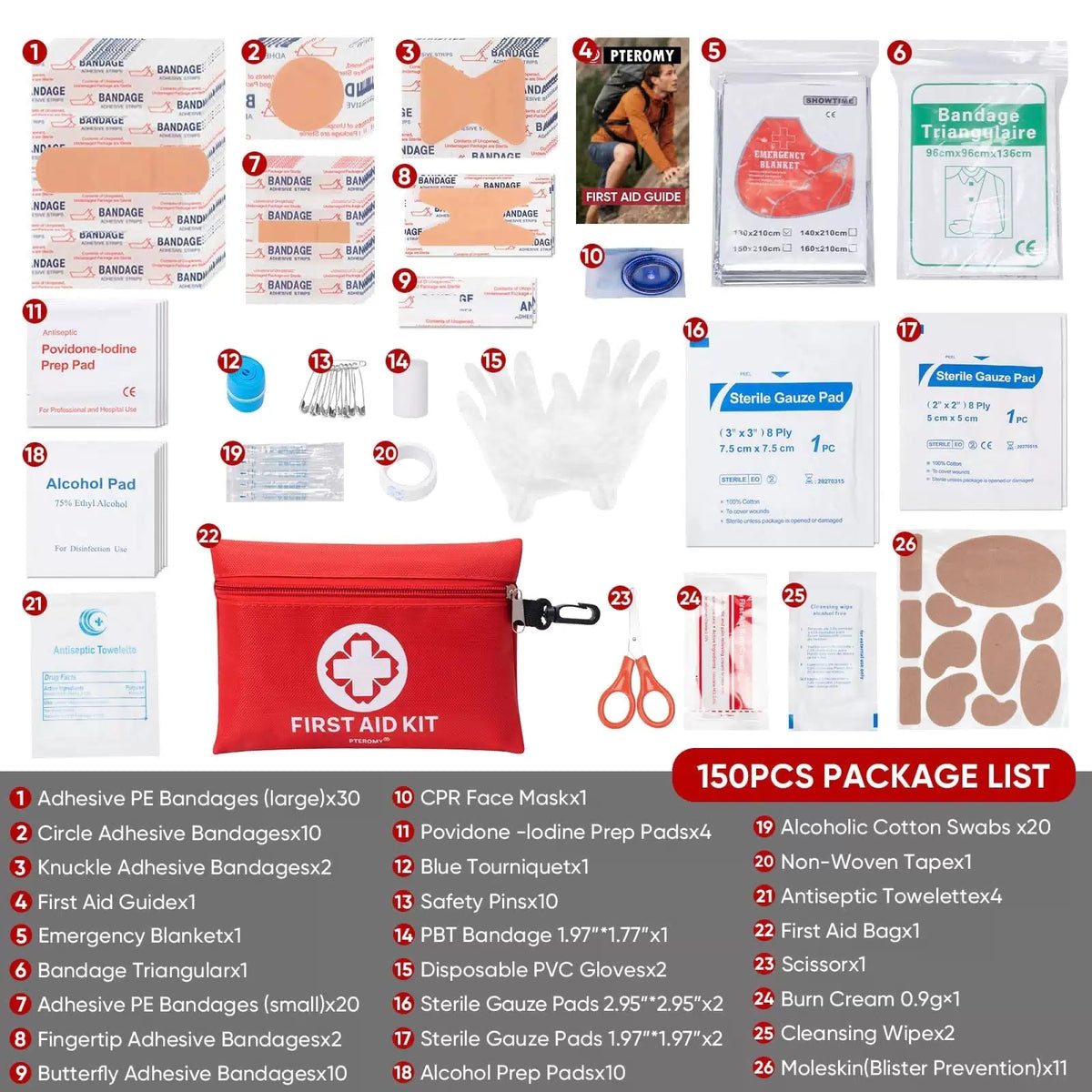 PTEROMY 150 Piece Mini First Aid Kit, Portable 150 Count (Pack of 1), Red [3]