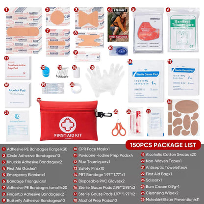 PTEROMY 150 Piece Mini First Aid Kit, Portable 150 Count (Pack of 1), Red [3]