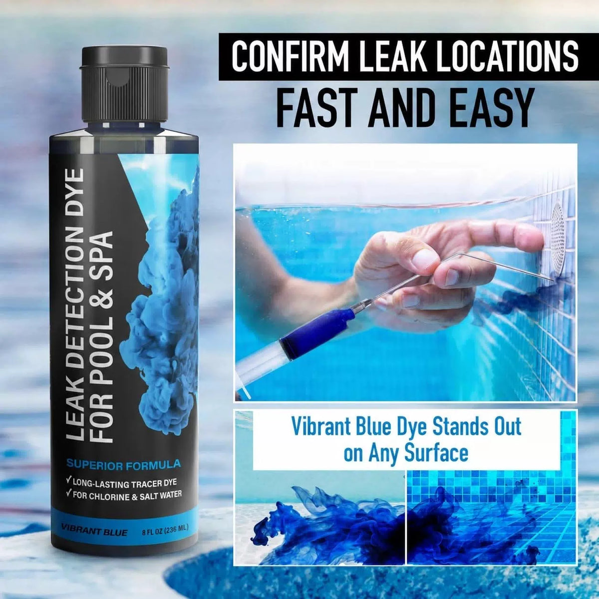 Pool Leak Detection Dye Kit - 75+ Tests - 2 Stainless Steel Vibrant Blue [2]