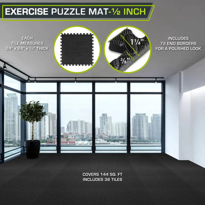 ProsourceFit Exercise Puzzle Mat ½-inch, EVA 36 Pack (144 SQ FT), Black [2]
