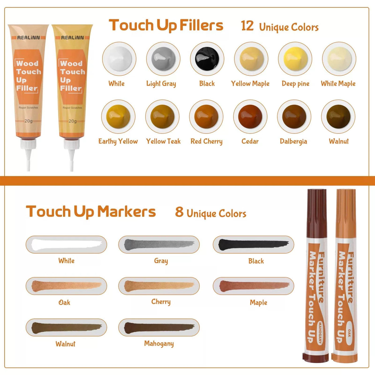 REALINN Wood Furniture Repair Kit- Set of 28 - Touch Up 28 Piece Set, Brown [6]