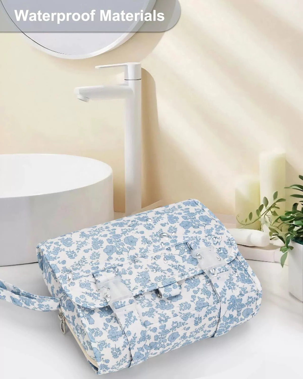 Relavel Small Hanging Toiletry Bag for Women, Floral Small, 01 Blue Flower [6]