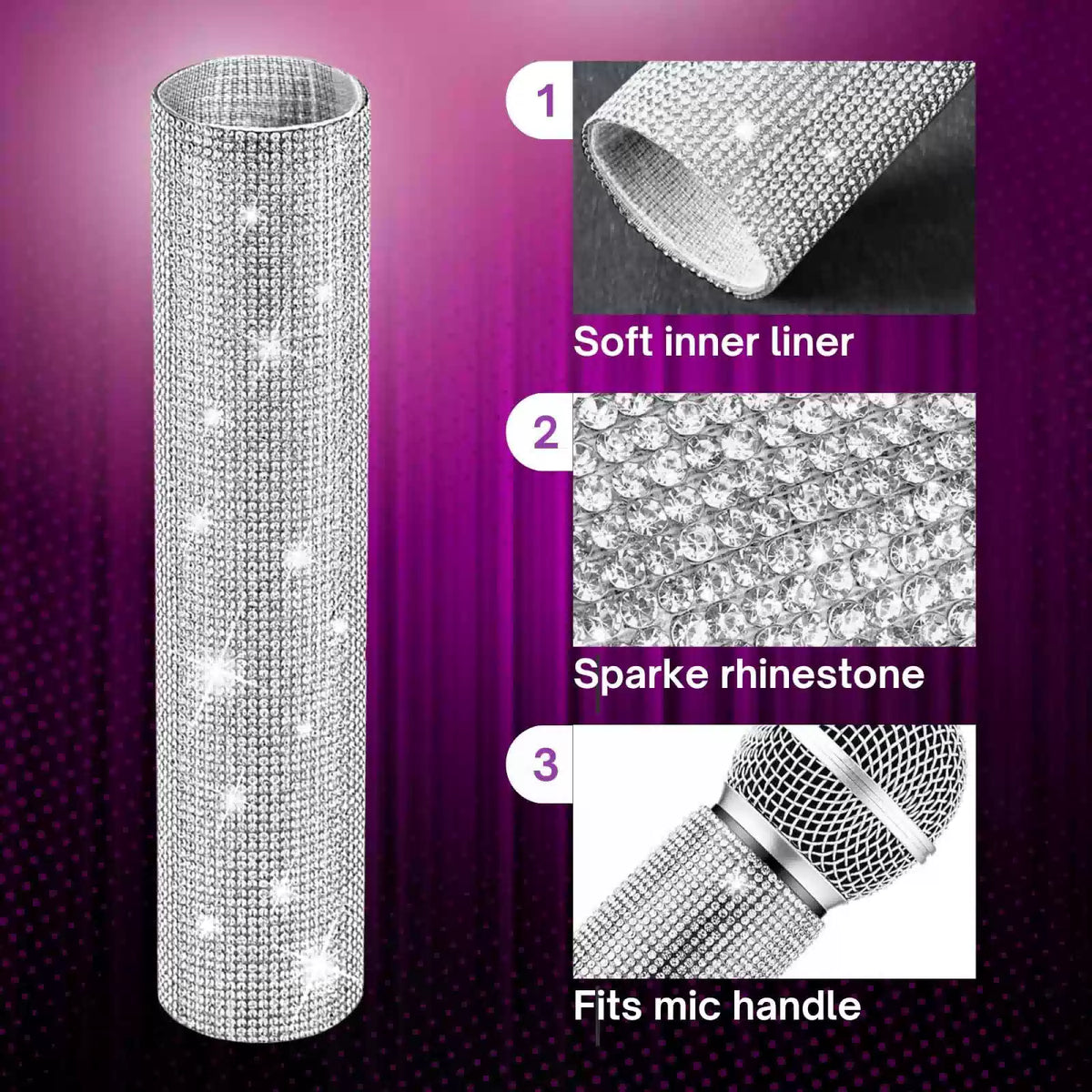 Rhinestone Microphone Sleeve – 18.3 cm (Length) x 3.8 (Diameter), Silver [3]