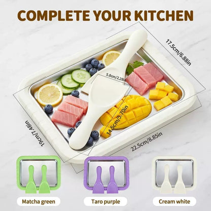 Rolled Ice Cream Maker Tray with Lid and 2 Scrapers, 304 Stainless L, Green [2]