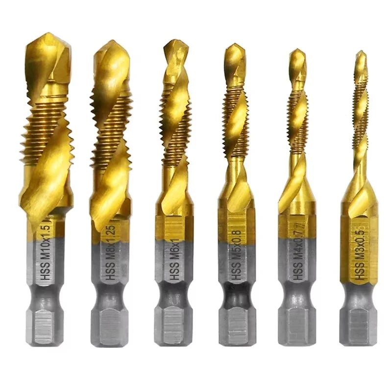 6PC High-Speed Steel 4341 Titanium Plated Composite Tap Drill And Tap Integrated Machine Tap Open Chamfer Tool Set