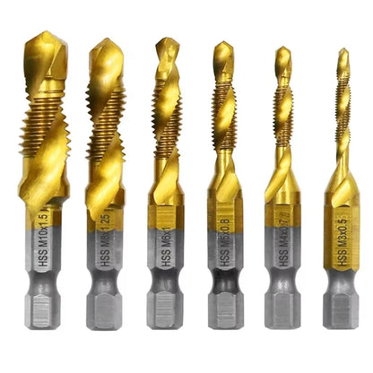 6PC High-Speed Steel 4341 Titanium Plated Composite Tap Drill And Tap Integrated Machine Tap Open Chamfer Tool Set