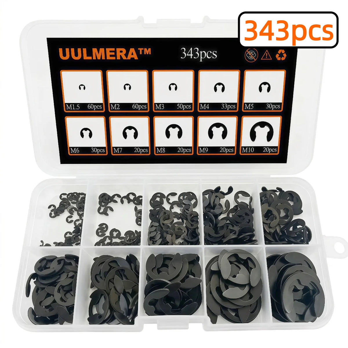 343Pcs M1.5-M10 Black Alloy Steel E Clip Set External Retaining Rings Metric Circlip for Shaft Bearing Hardware Fasteners