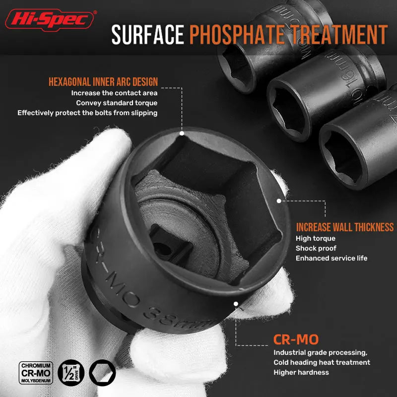 Heavy Duty 1/2" Drive Hexagon Impact Socket Shallow Metric Sockets for Impact Driver  High Torque CR-MO Tools for auto repair