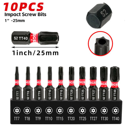 10 Pieces of Impact-Resistant S2 Steel Safety Torx Bits 25mm, Strong Magnetic, Non-Slip, High Hardness, Wear-Resistant, with Black Base, Screwdriver Bit Set