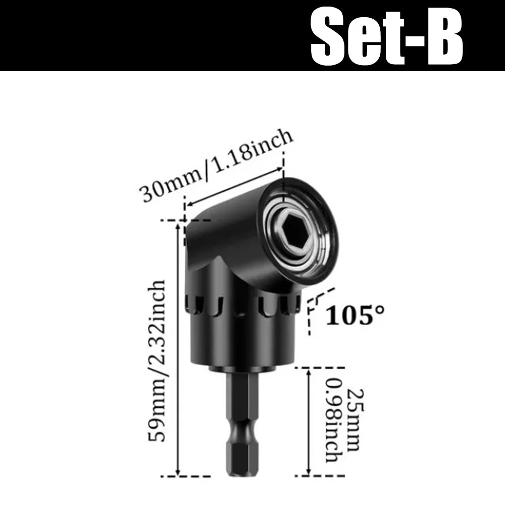 Flexible Drill Bit Extension 105° & 90° Right Angle Adapter, 1/4 3/8 1/2" Impact Socket Set, 360° Rotatable Shaft Extension
