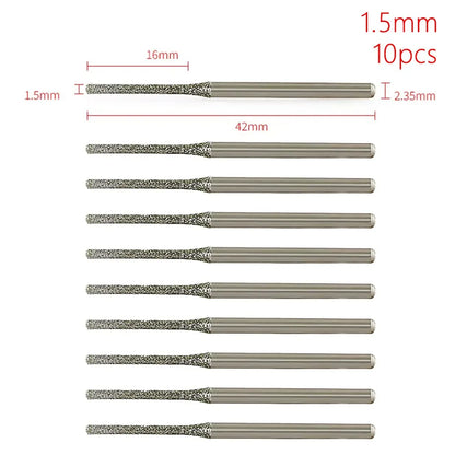 10Pcs 0.8-2.5mm Diamond Coated Drill Bits 2.35mm Shank Silver Polishing Head Grinding Burr Bits Glass Jade Amber Jewelry Diamond