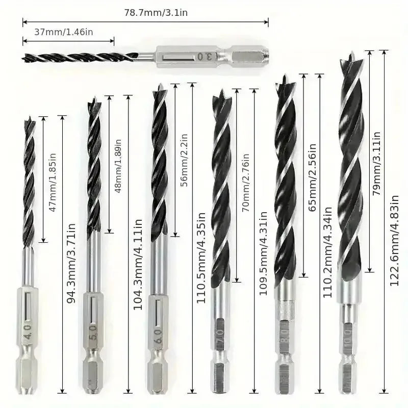8PCS-3/4/5/6/7/8/9/10mm 1/4Hexagonal Handle Three-Point Positioning Woodworking Drill Bit