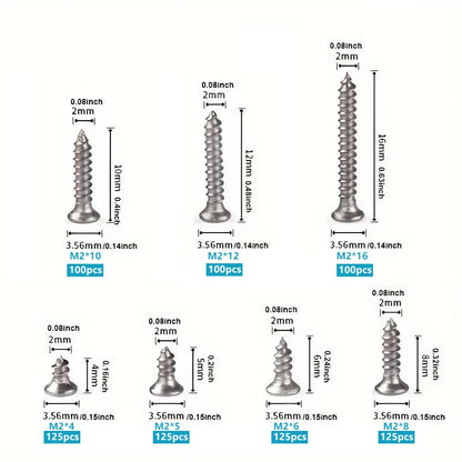 Set of 800 Self-Tapping Wood Screws, M2 Phillips Flat Head Screws for Sheet Metal, Assortment Kit of Self-Screws with Lock Nuts