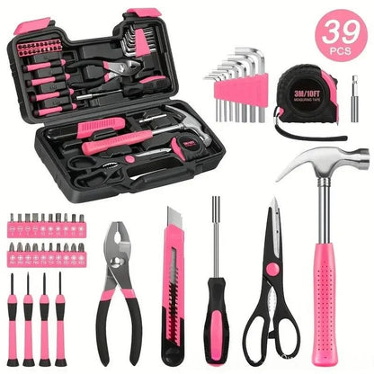 39Pcs Pink Household Hand Tool Kit, Hardware Repair Tool Box with Hammer Pliers Screwdriver Tape Measure Scissors for Home DIY