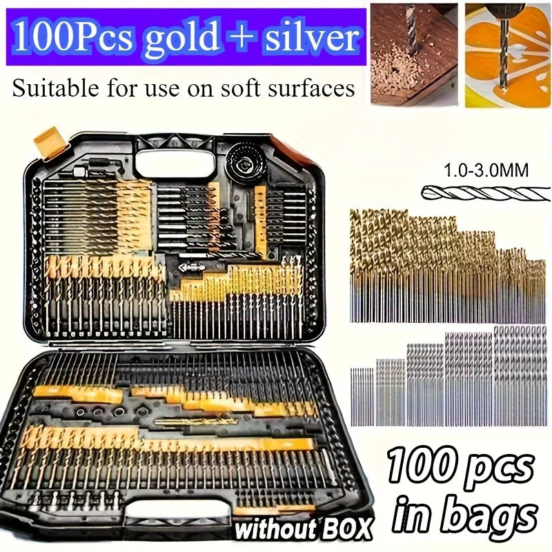 100pcs Titanium Coated HSS Drill Bit Set | Straight Shank | For DIY/Wood/Plastic/Metal | Home Improvement Tools