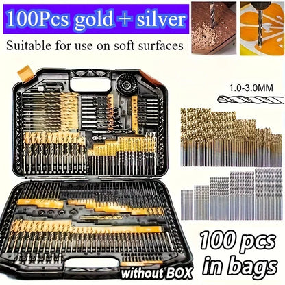 100pcs Titanium Coated HSS Drill Bit Set | Straight Shank | For DIY/Wood/Plastic/Metal | Home Improvement Tools