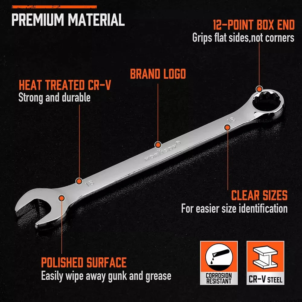 HORUSDY 12Pcs Metric Spanner Set Ring Open Ended Spanners CRV With Rack 8-19mm