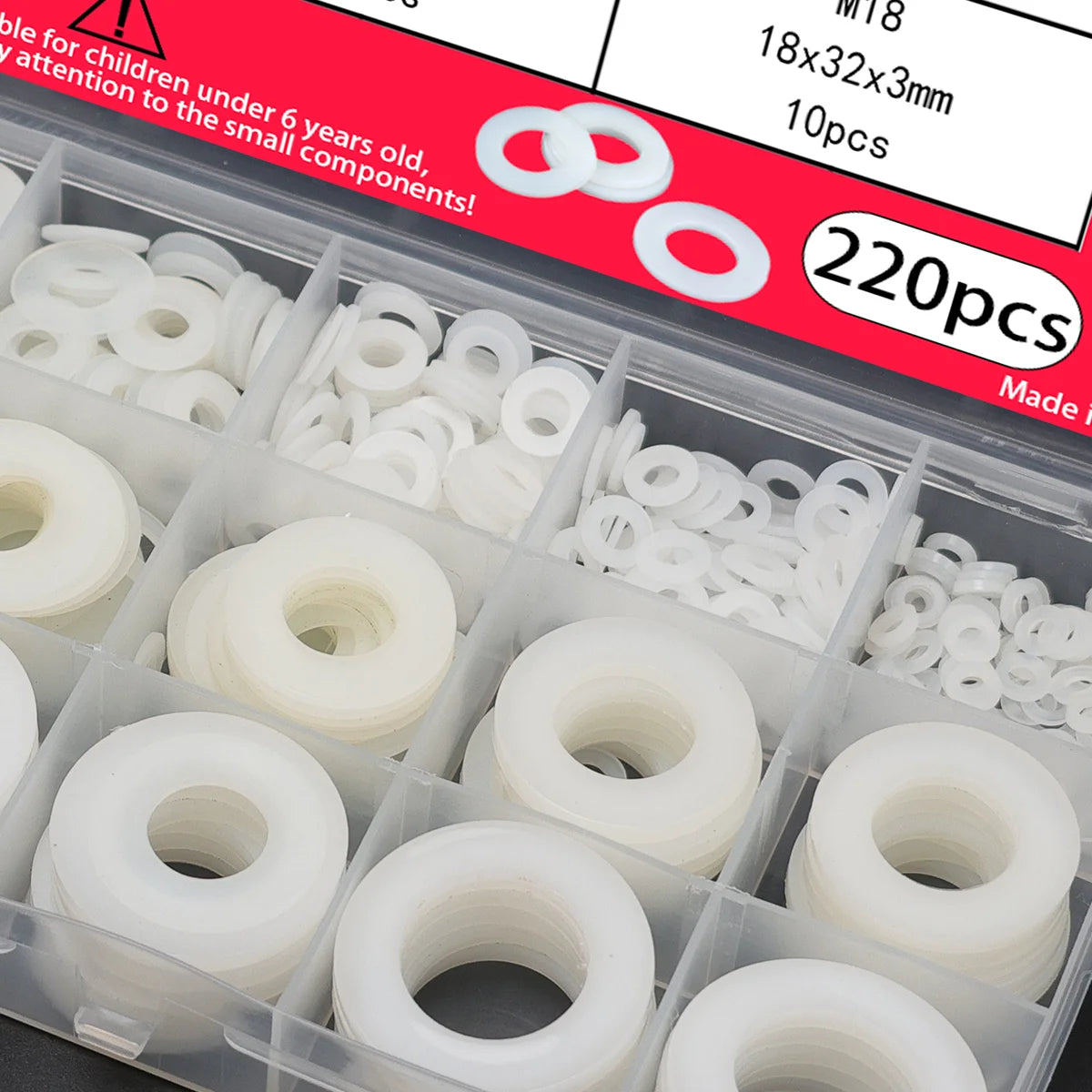 220-piece white nylon flat washer set: sizes M2-M18, plastic nylon washers, plastic flat washers, O-rings.