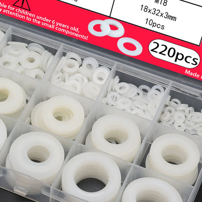 220-piece white nylon flat washer set: sizes M2-M18, plastic nylon washers, plastic flat washers, O-rings.