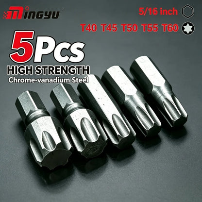 5pcs 5/16 Torx T40 T45 T50 T55 T60 CR-V Screwdriver Bit Set Extra Big Shank Screw Driver Bits For Repair Hand Tool Star Bit Kit