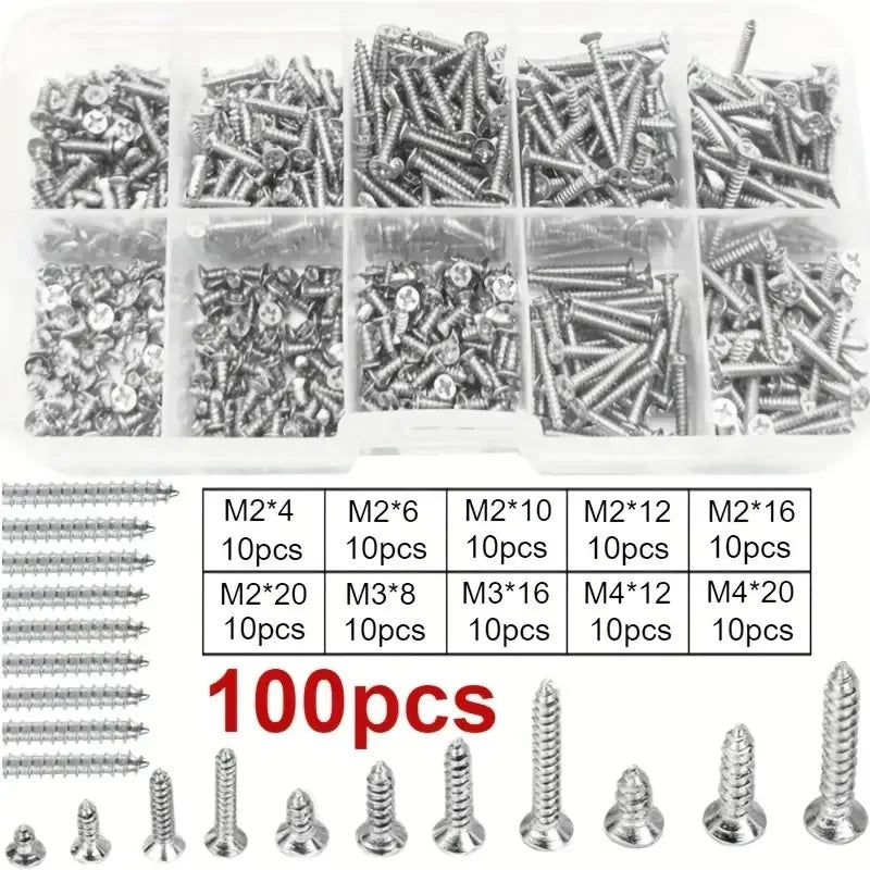 100/620Pcs M2-M4 Wood Self Tapping Screws Assortment Kit Wood Thread Fastener Set