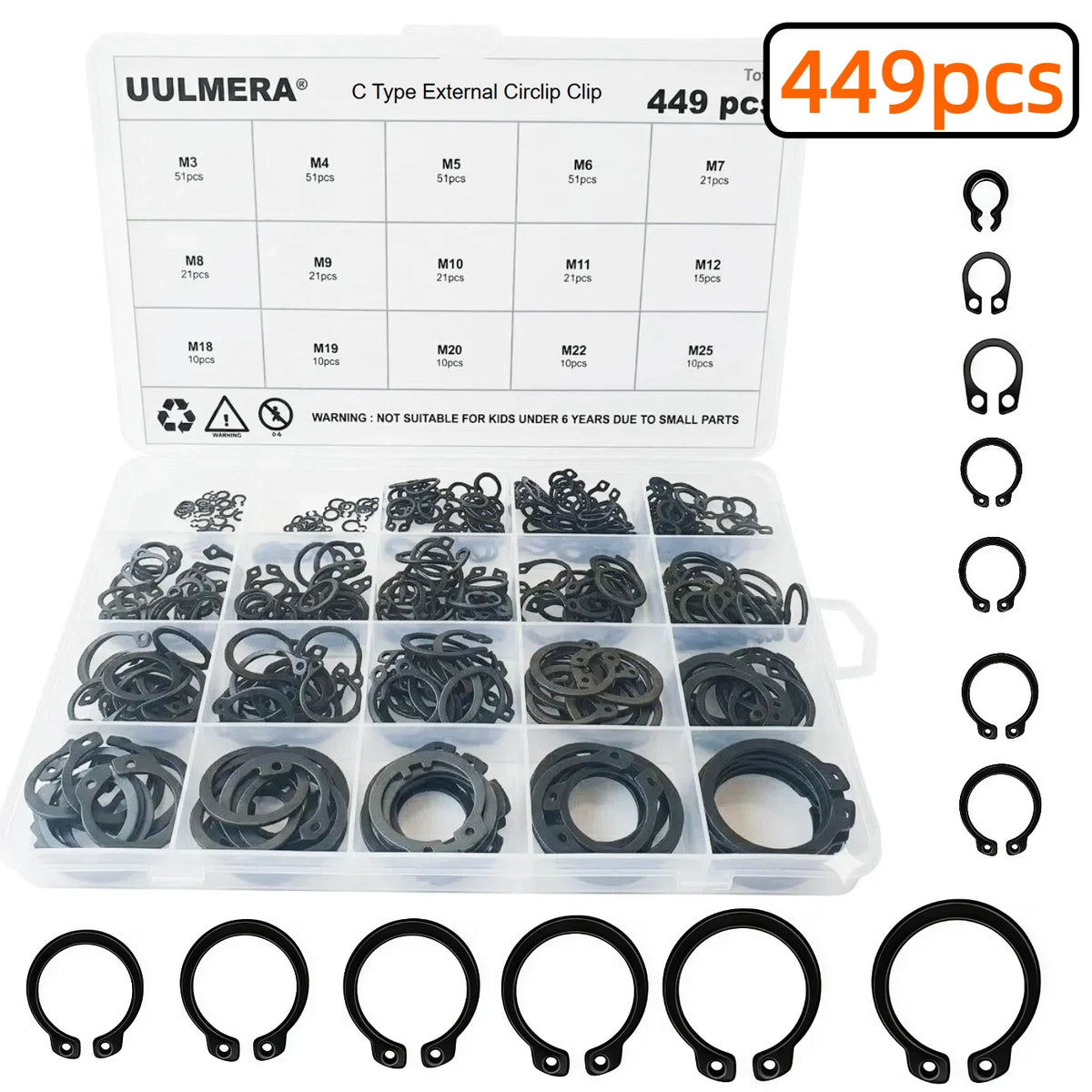 285/392/449Pcs M3-M25 Black Alloy Steel C Clip External Circlip Set Snap Ring Retaining Ring for Shaft Bearing Hardware