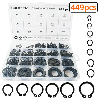 285/392/449Pcs M3-M25 Black Alloy Steel C Clip External Circlip Set Snap Ring Retaining Ring for Shaft Bearing Hardware