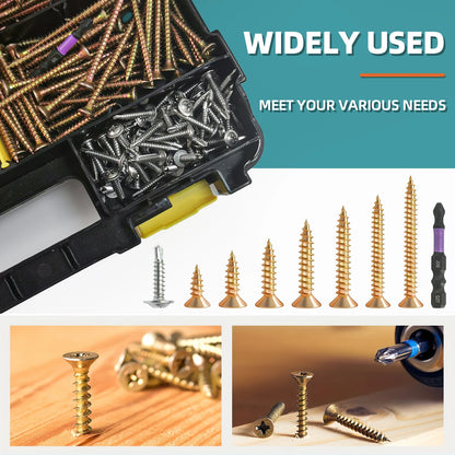 1350pcs Carbon Steel Phillips Wood Screws Assortment Kit, Flat-Head And Phillips Designs, Common Sizes M3.5/M4/M5/#8, Heavy Duty Self-Tapping Fasteners with Anti-Slip Matching Wrench, Sturdy Double Layer Storage Box, Hardware Supplies for Woodworking