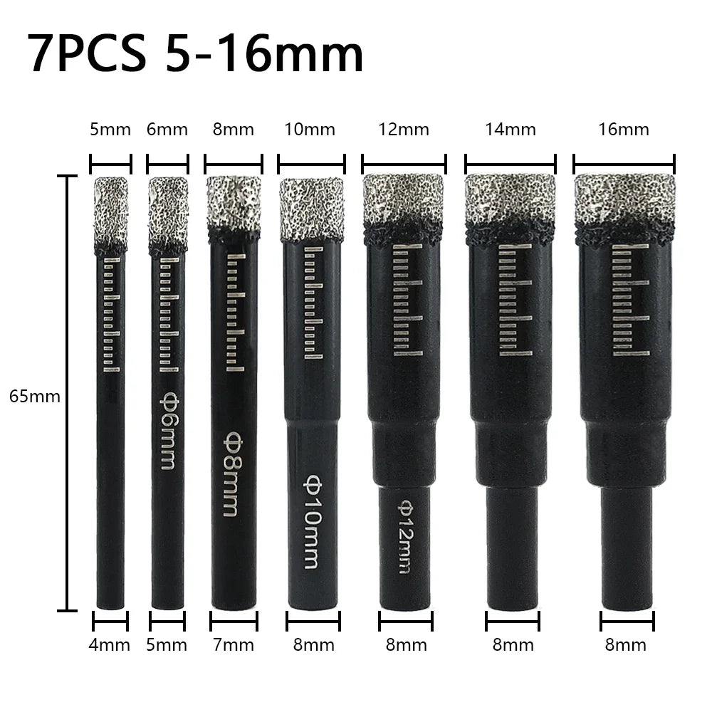 Vacuum Brazed Diamond Hole Saw Drill Bit Kit 5/6/8/10/12/14/16mm Dry Cut for Porcelain Tile Marble Quartz Stone Glass
