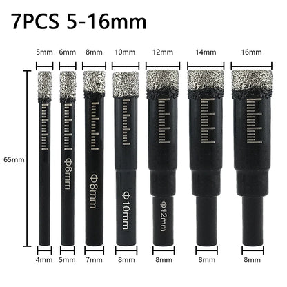 Vacuum Brazed Diamond Hole Saw Drill Bit Kit 5/6/8/10/12/14/16mm Dry Cut for Porcelain Tile Marble Quartz Stone Glass