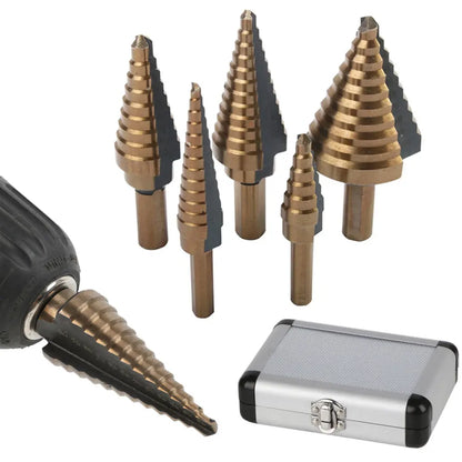 5Pcs Step Drill Bit Set HSS Cobalt Multiple 50 Sizes Conical Hole Cutter Titanium Coated Carbide Drill Bits Punch Tool for Stainless Steel Iron Sheet Metal Wood Drilling Hardware Multipurpose Industrial