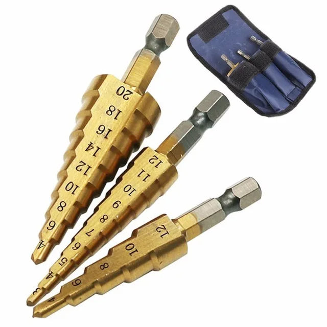 3pc HSS Step Drill Bit Set Cone Hole Cutter Taper Metric 4 - 12 / 20 / 32mm 1 / 4 'Titanium Coated Metal Hex Core Drill Bits