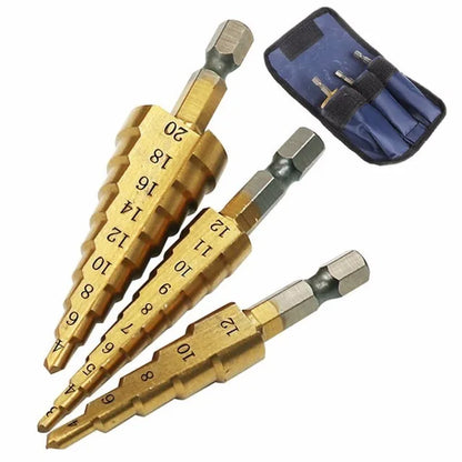 3pc HSS Step Drill Bit Set Cone Hole Cutter Taper Metric 4 - 12 / 20 / 32mm 1 / 4 'Titanium Coated Metal Hex Core Drill Bits