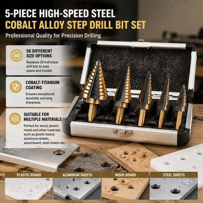 5Pcs Step Drill Bit Set HSS Cobalt 50 Sizes Conical Hole Cutter Titanium Coated Carbide Drill Bits Punch Tool for Stainless Steel Iron Sheet Metal Wood Plastic Aluminum Drilling Hardware Industrial Grade