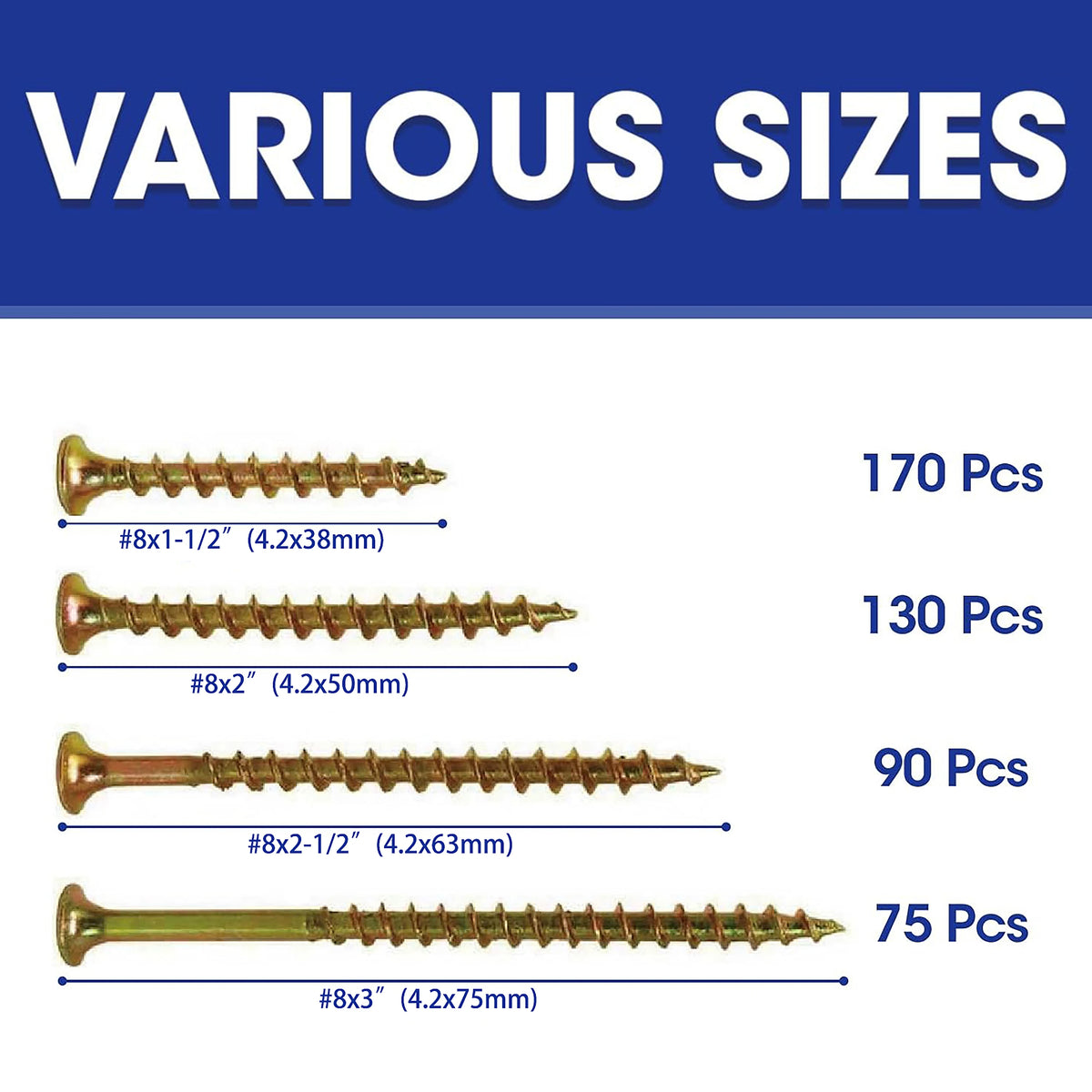 465 PCS Wood Interior Construction Screw Coarse Thread Phillips Drive Bugle Head Yellow Zinc Drywall Screw Assortment Kit