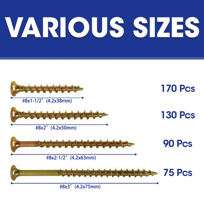 465 PCS Wood Interior Construction Screw Coarse Thread Phillips Drive Bugle Head Yellow Zinc Drywall Screw Assortment Kit