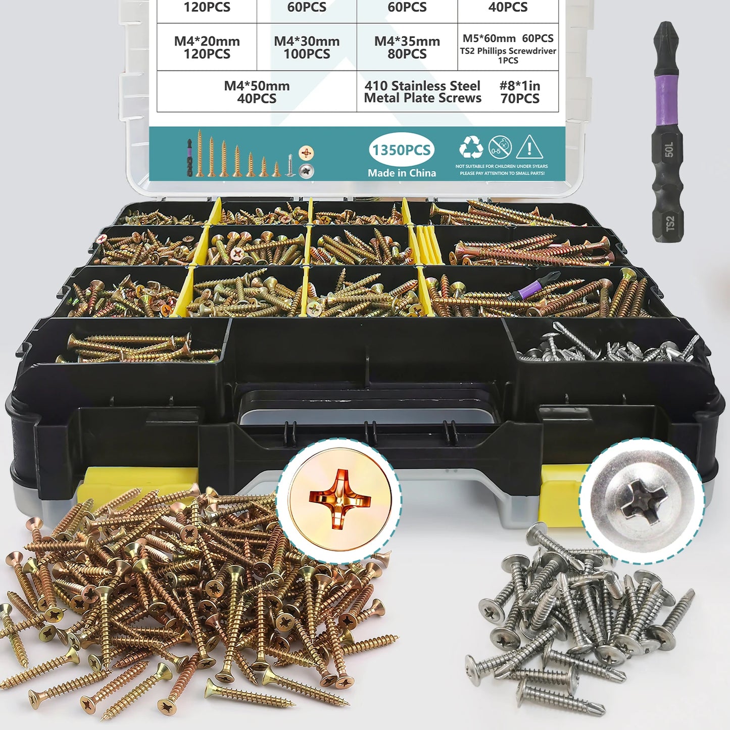 1350pcs Carbon Steel Phillips Wood Screws Assortment Kit, Flat-Head And Phillips Designs, Common Sizes M3.5/M4/M5/#8, Heavy Duty Self-Tapping Fasteners with Anti-Slip Matching Wrench, Sturdy Double Layer Storage Box, Hardware Supplies for Woodworking