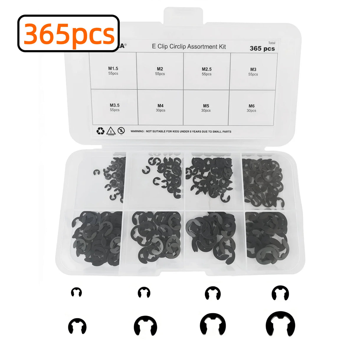 365/498Pcs M1.5-M15 Black Alloy E Clip Set External Retaining Ring Assortment Kit Metric Circlip for Shaft Bearing Hardware