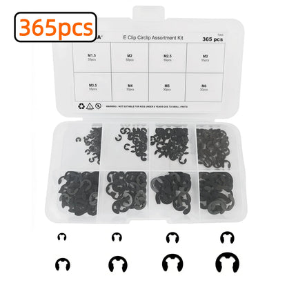 365/498Pcs M1.5-M15 Black Alloy E Clip Set External Retaining Ring Assortment Kit Metric Circlip for Shaft Bearing Hardware