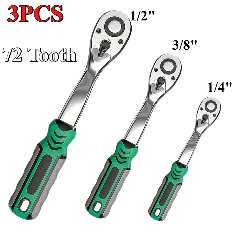 72/24 Tooth Quick Ratchet Wrench 1/2 1/4 3/8 3 Size Flying Wrenches Two-way Socket Wrench Repair Tools for Vehicle Bicycle