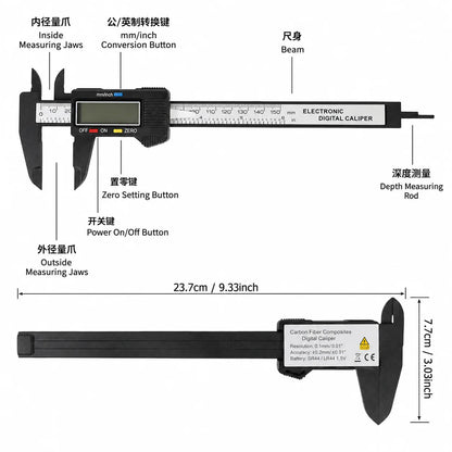 0-150mm Carbon Fiber Digital Vernier Caliper, Dual MM/INCH Unit, Measure Inner/Outer Diameter of Jewelry, Hardware Mechanical Pa