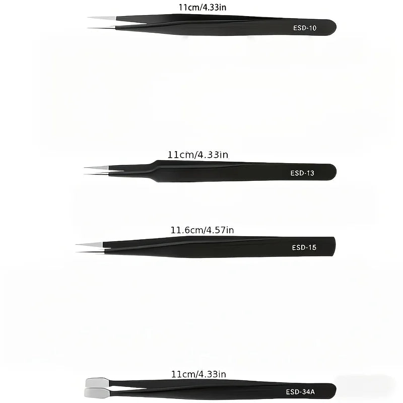 Anti-Static Stainless Steel Tweezers Set, Precision Industrial Tweezers for Electronics Repair, Model Making & Home Use